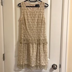 Cream Floral Crewneck Tank Dress with Gold Lace Sparkle Overlay